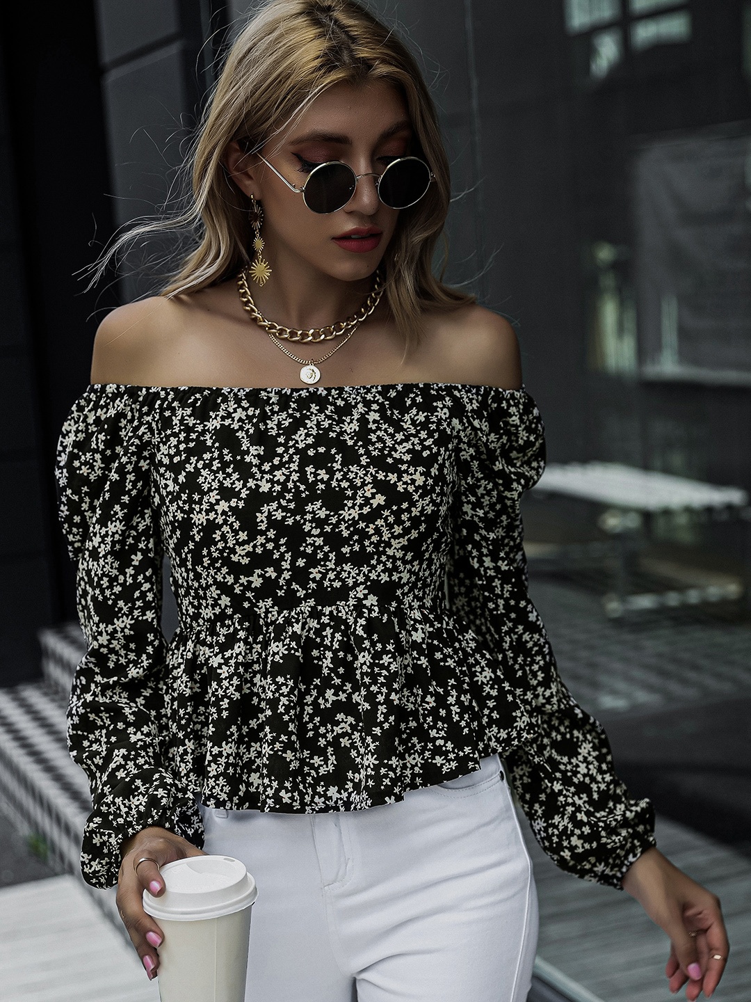

URBANIC Women Black & White Floral Print Off-Shoulder Bardot Top