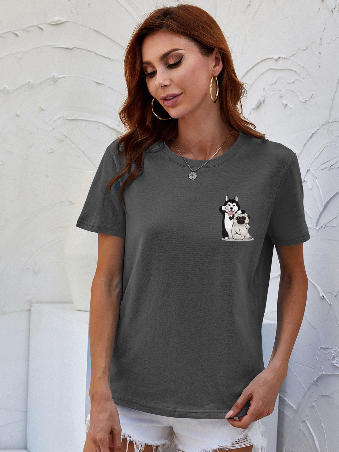 

URBANIC Women Charcoal Pure Cotton T-shirt