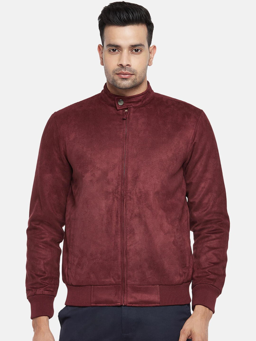 

BYFORD by Pantaloons Men Rust Red Suede Finish Bomber Jacket
