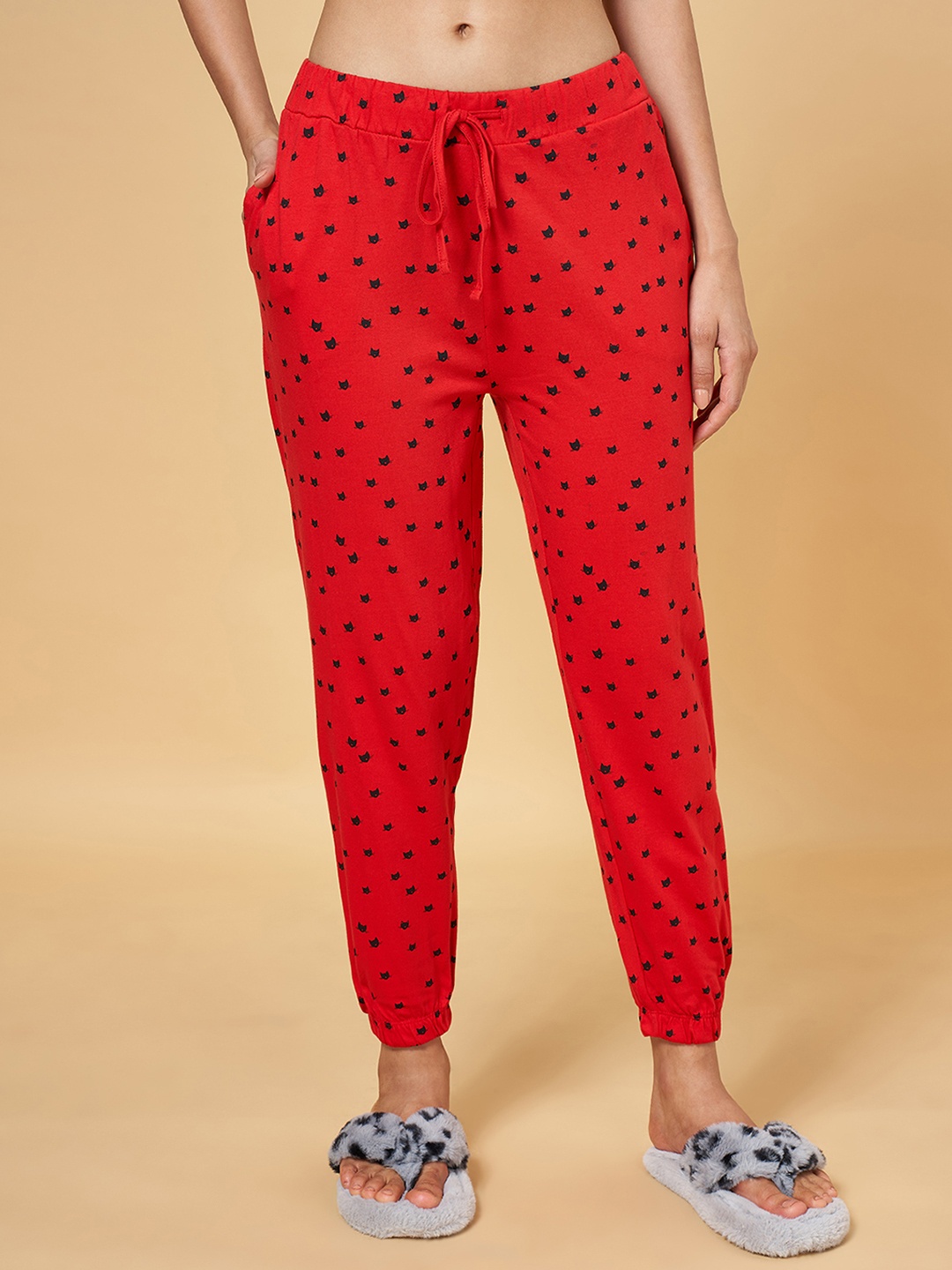 

People Women Red & Black Printed Pure Cotton Lounge Pants