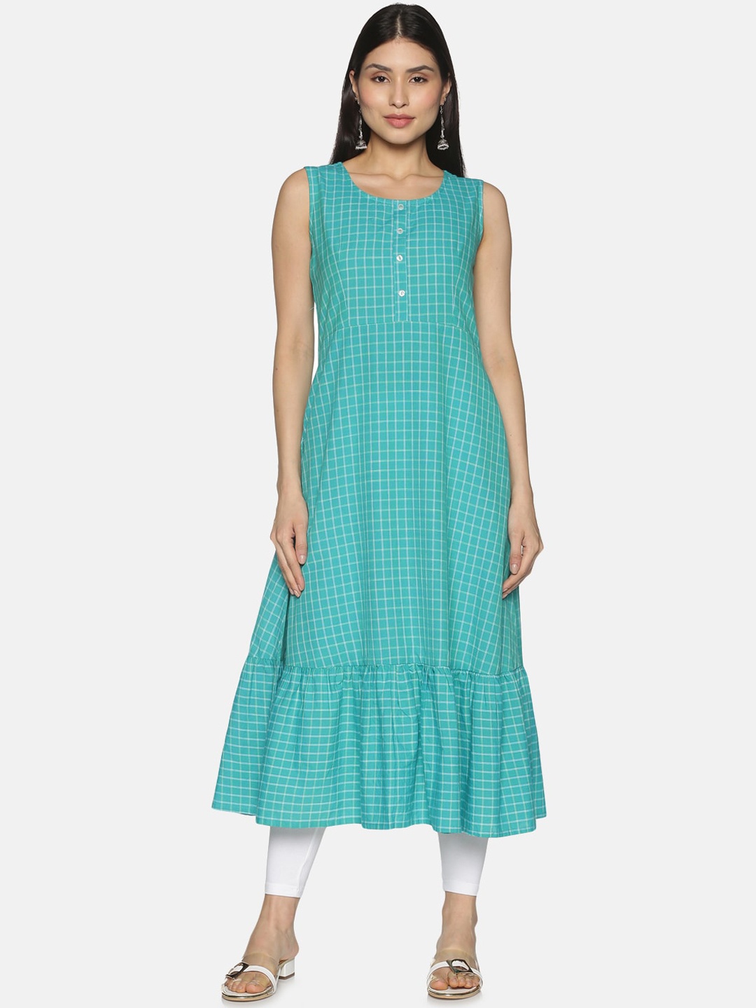 

Saffron Threads Women Turquoise Blue Checked A-line Kurta