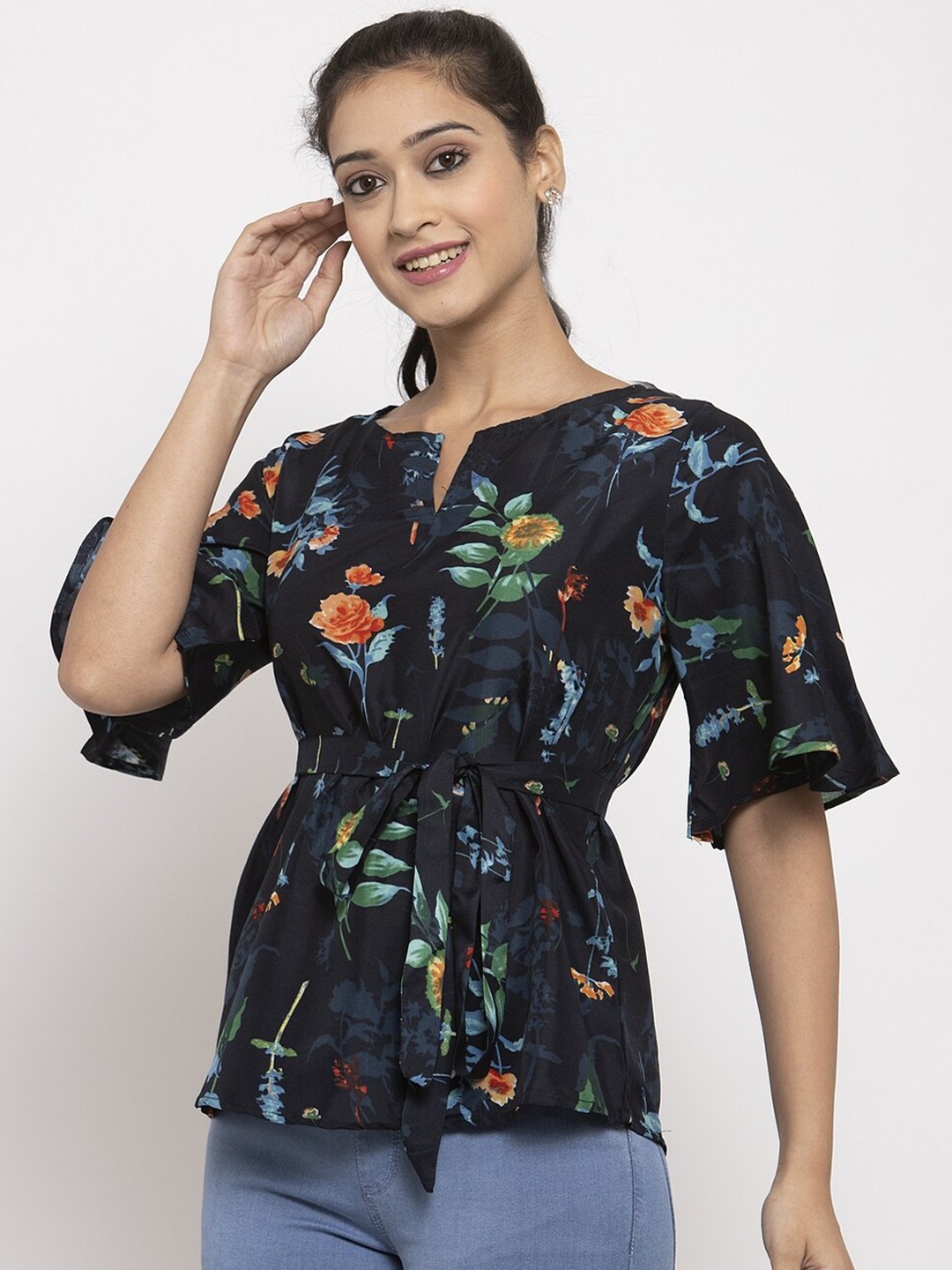 

Just Wow Black & Green Floral Cinched Waist Top