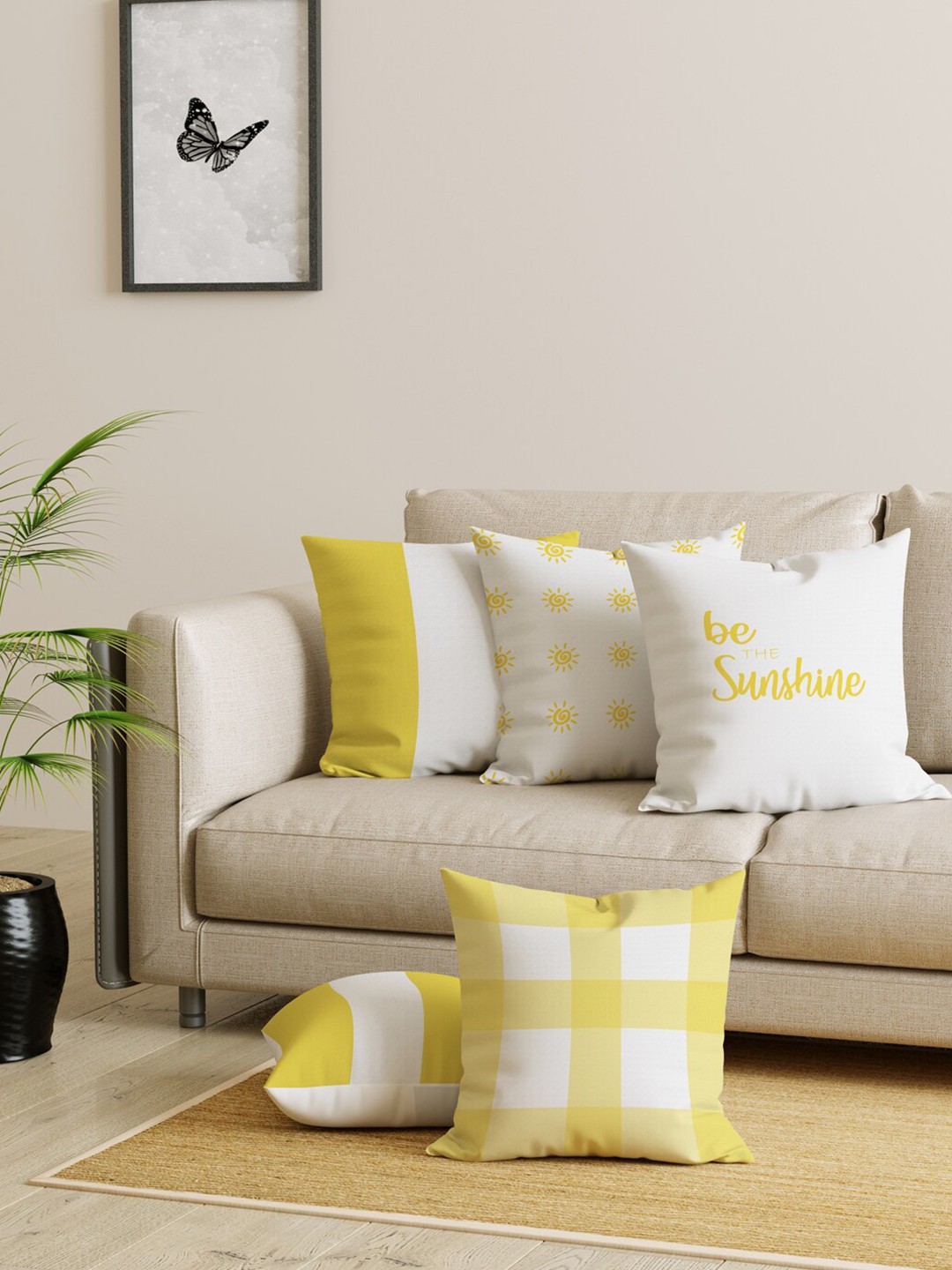 

EverHOME White & Yellow 5 Pieces Printed Cotton Square Cushion Covers