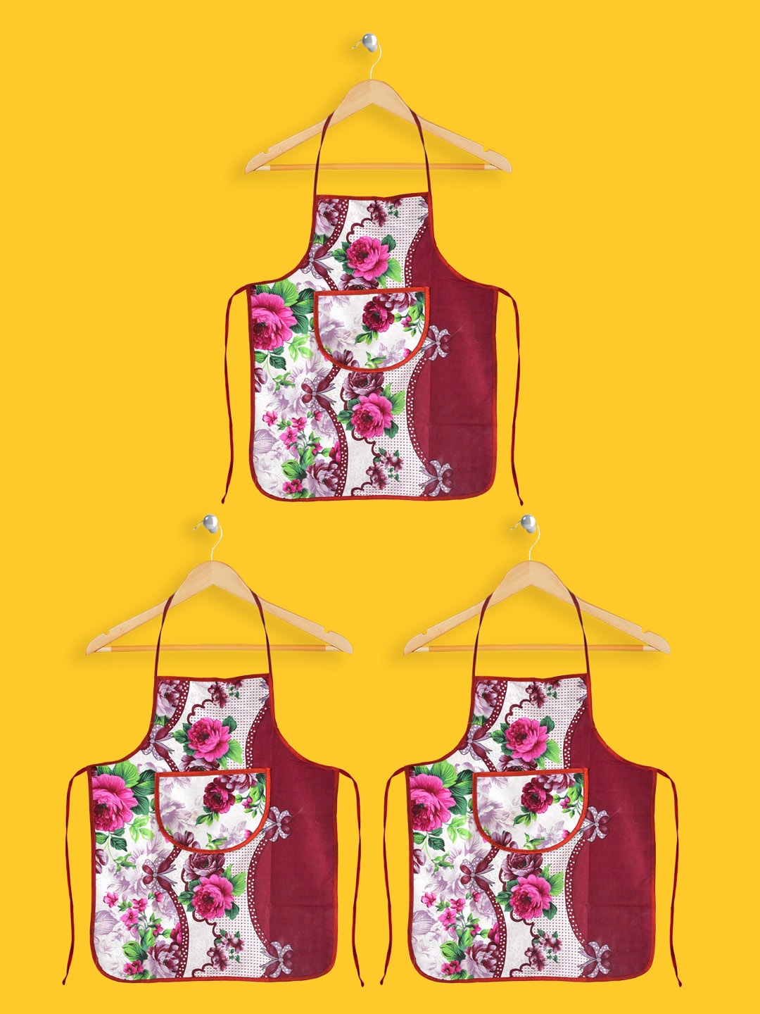 

Kuber Industries Set Of 3 Pink & Red Floral Printed Cotton Aprons