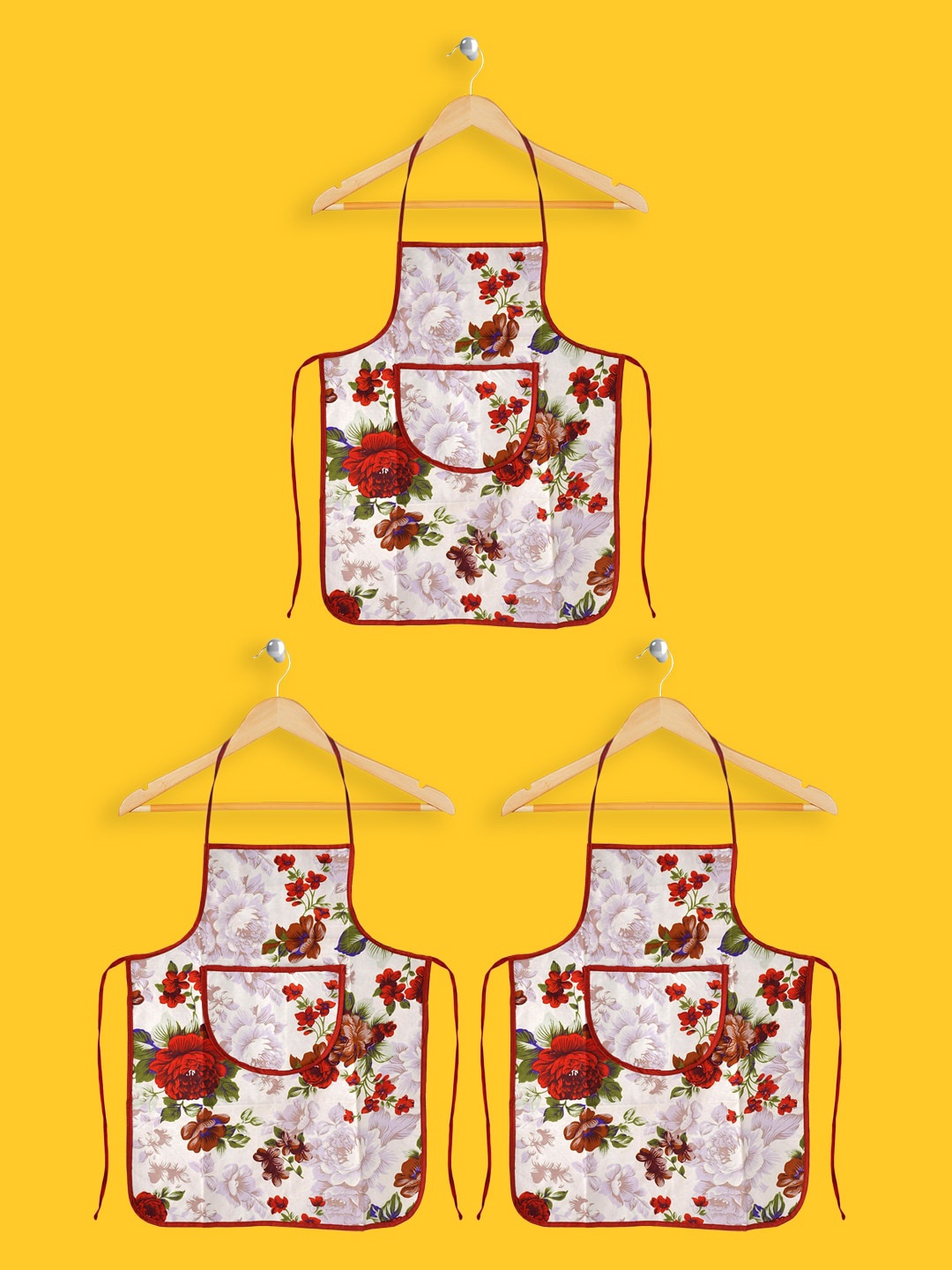 

Kuber Industries Pack Of 3 Red Floral Printed Aprons