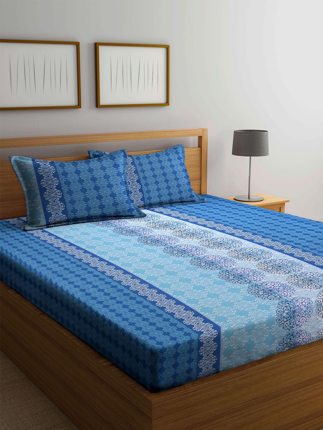 

KLOTTHE Blue Ethnic Motifs 210 TC Cotton King Bed Sheet with Pillow Cover