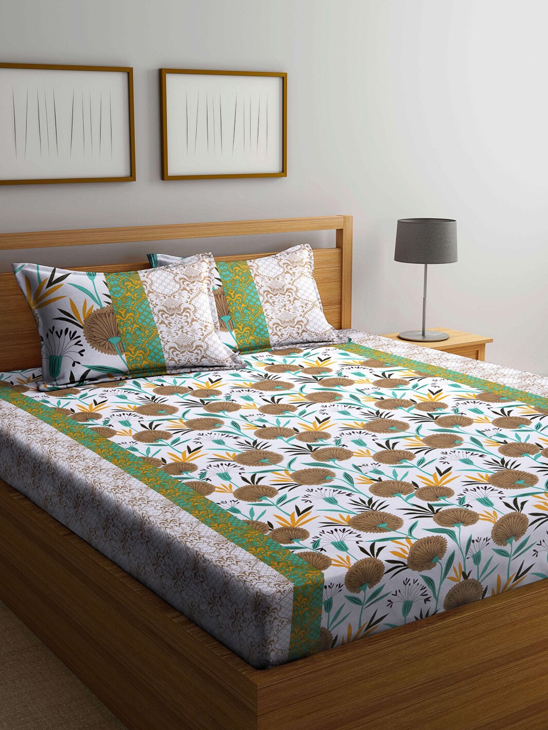 

KLOTTHE White & Green Floral 210 TC King Bedsheet with 2 Pillow Covers