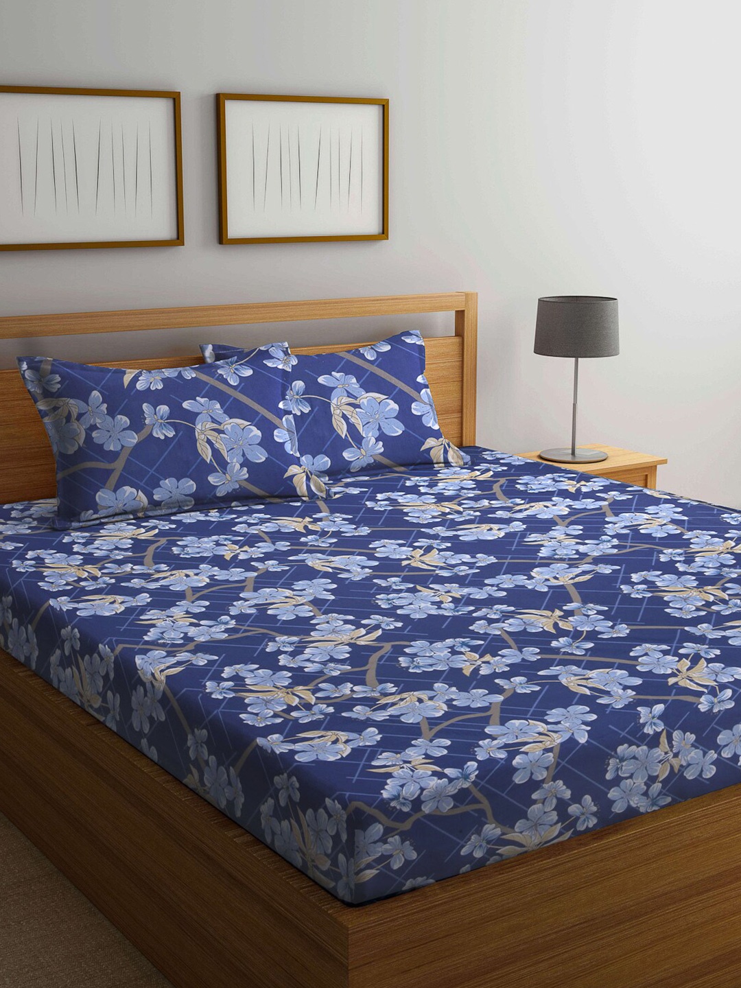 

KLOTTHE Blue & Beige Floral 210 TC Pure Cotton King Bedsheet with 2 Pillow Covers