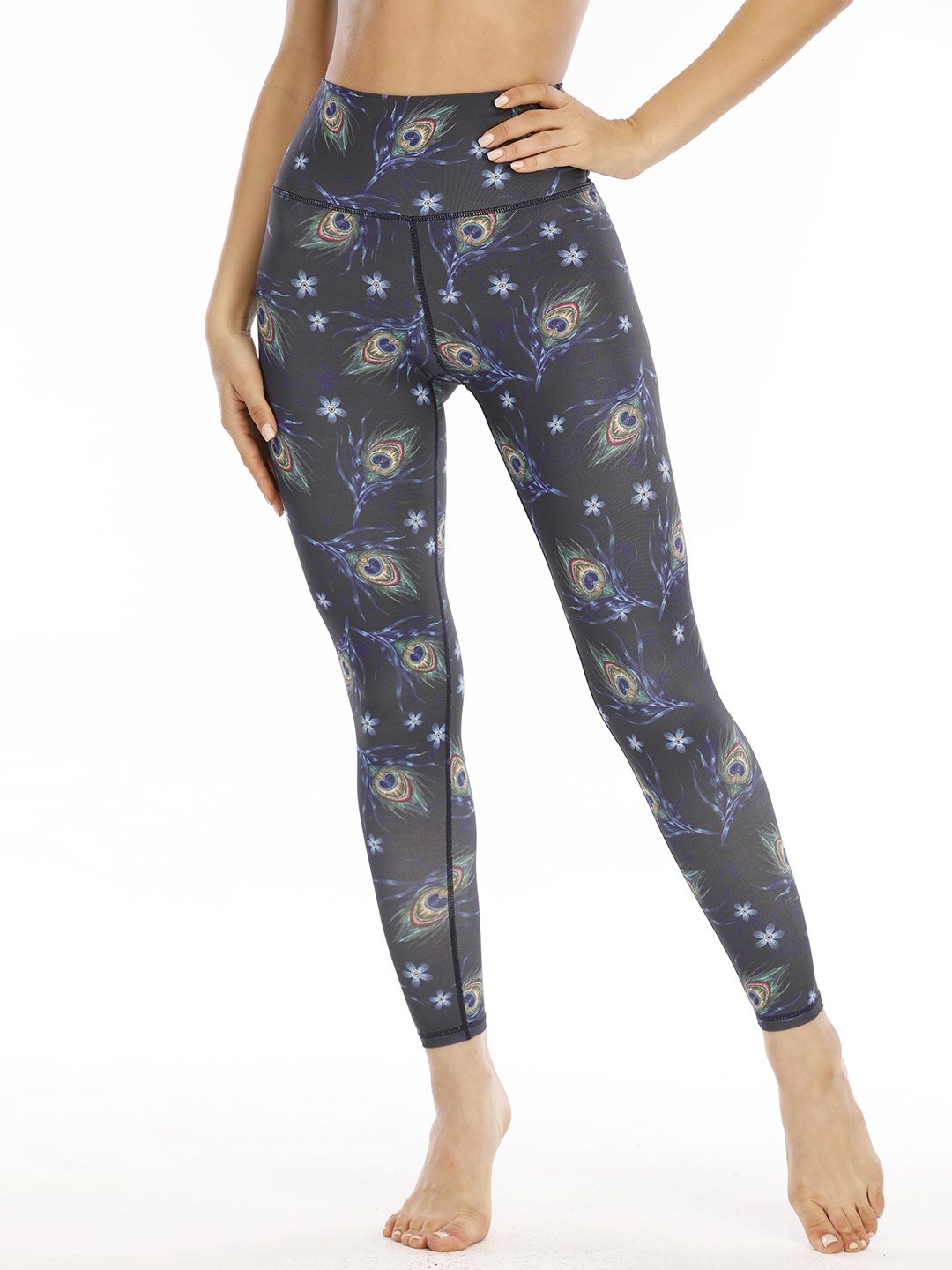 

URBANIC Women Charcoal Grey & Blue Peacock Print High-Rise Slim-Fit Gym Leggings