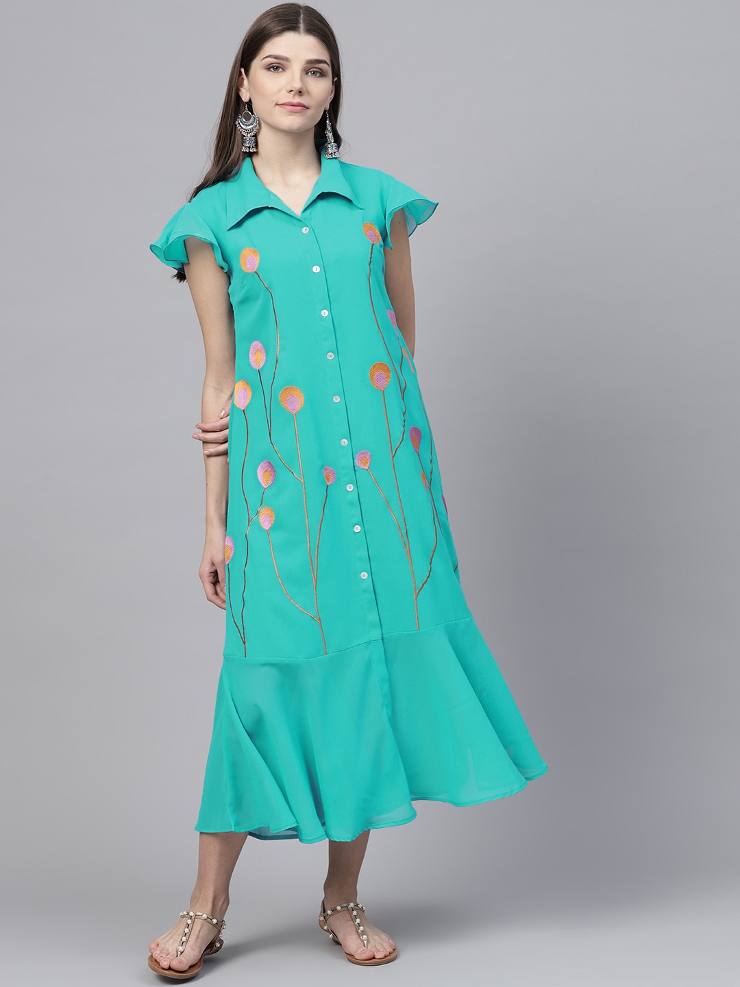 

Bitterlime Sea Green Floral Embroidered Georgette Shirt Midi Dress