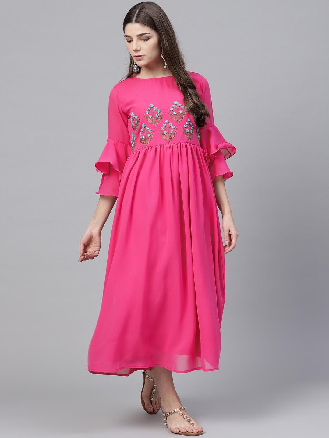 

Bitterlime Pink Georgette Maxi Dress