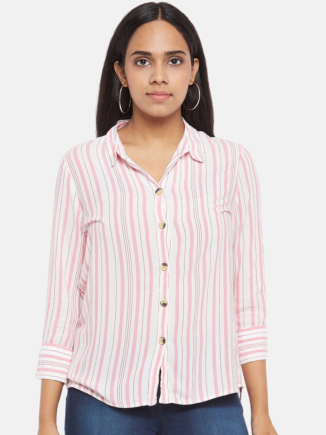 

Honey by Pantaloons Women Pink & White Striped Opaque Casual Shirt