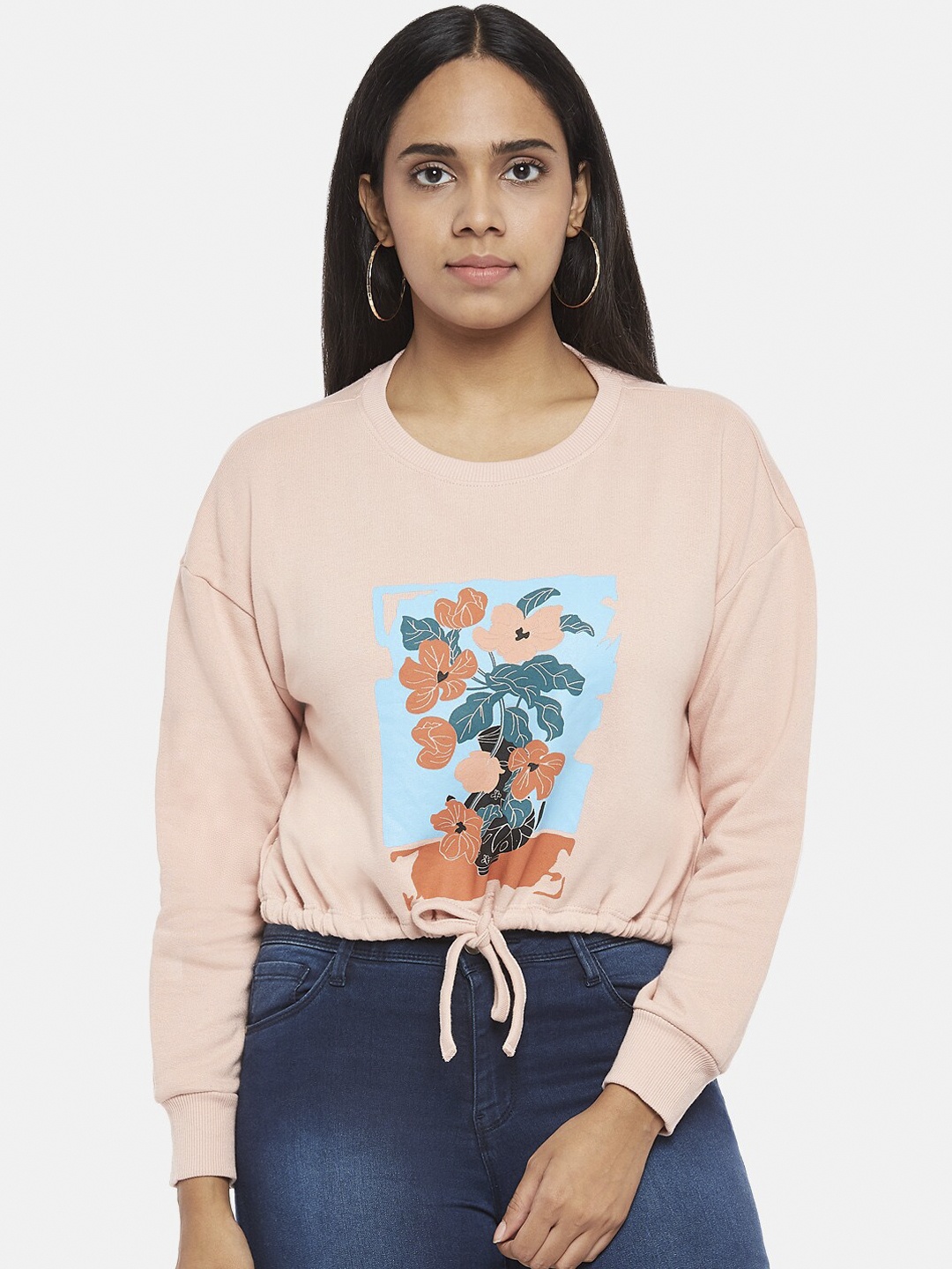 

People Women Pink Printed Cotton Sweatshirt