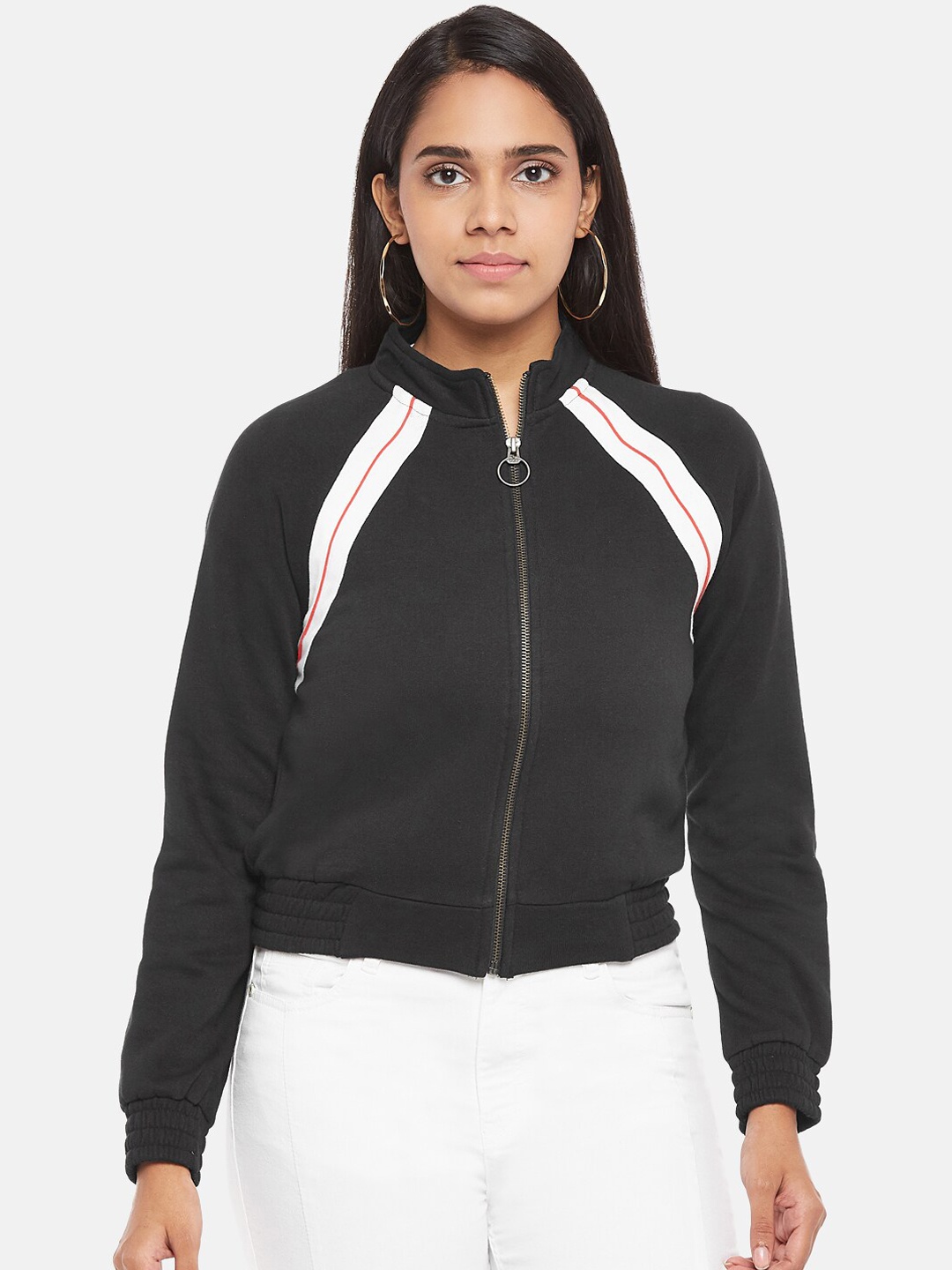 

People Women Black Striped Cotton Sweatshirt