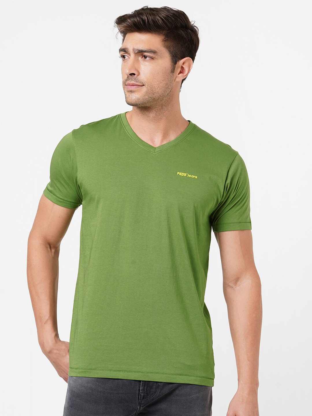 

Pepe Jeans Men Olive Green V-Neck T-shirt