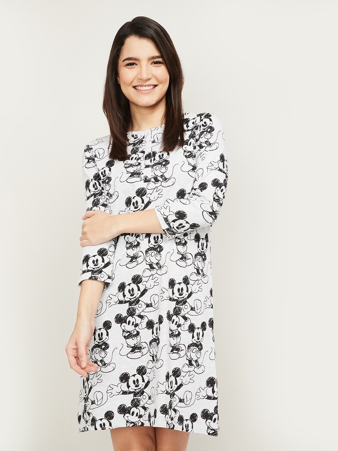 

Ginger by Lifestyle Women Grey Melange Minnie Mouse Printed Cotton T-shirt Dress