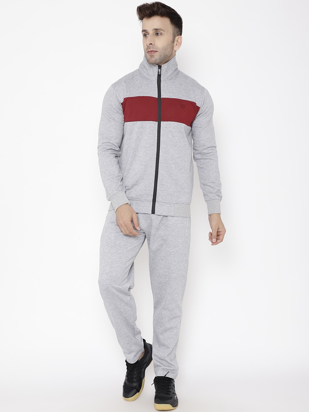 

Chkokko Men Grey & Maroon Colourblocked Comfort Fit Pure Fleece Cotton Tracksuit