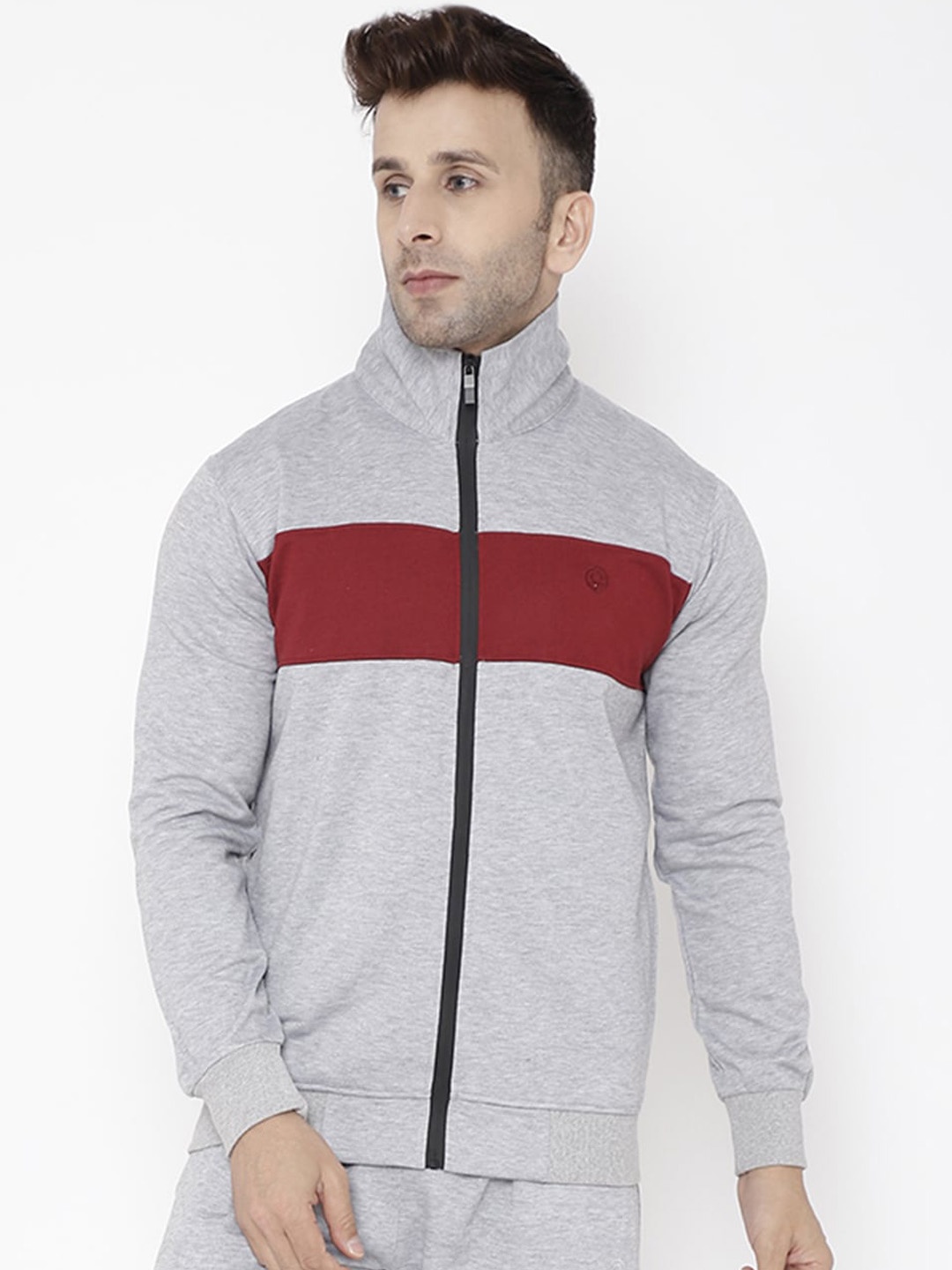 

CHKOKKO Men Grey & Maroon Colourblocked Outdoor Sporty Jacket