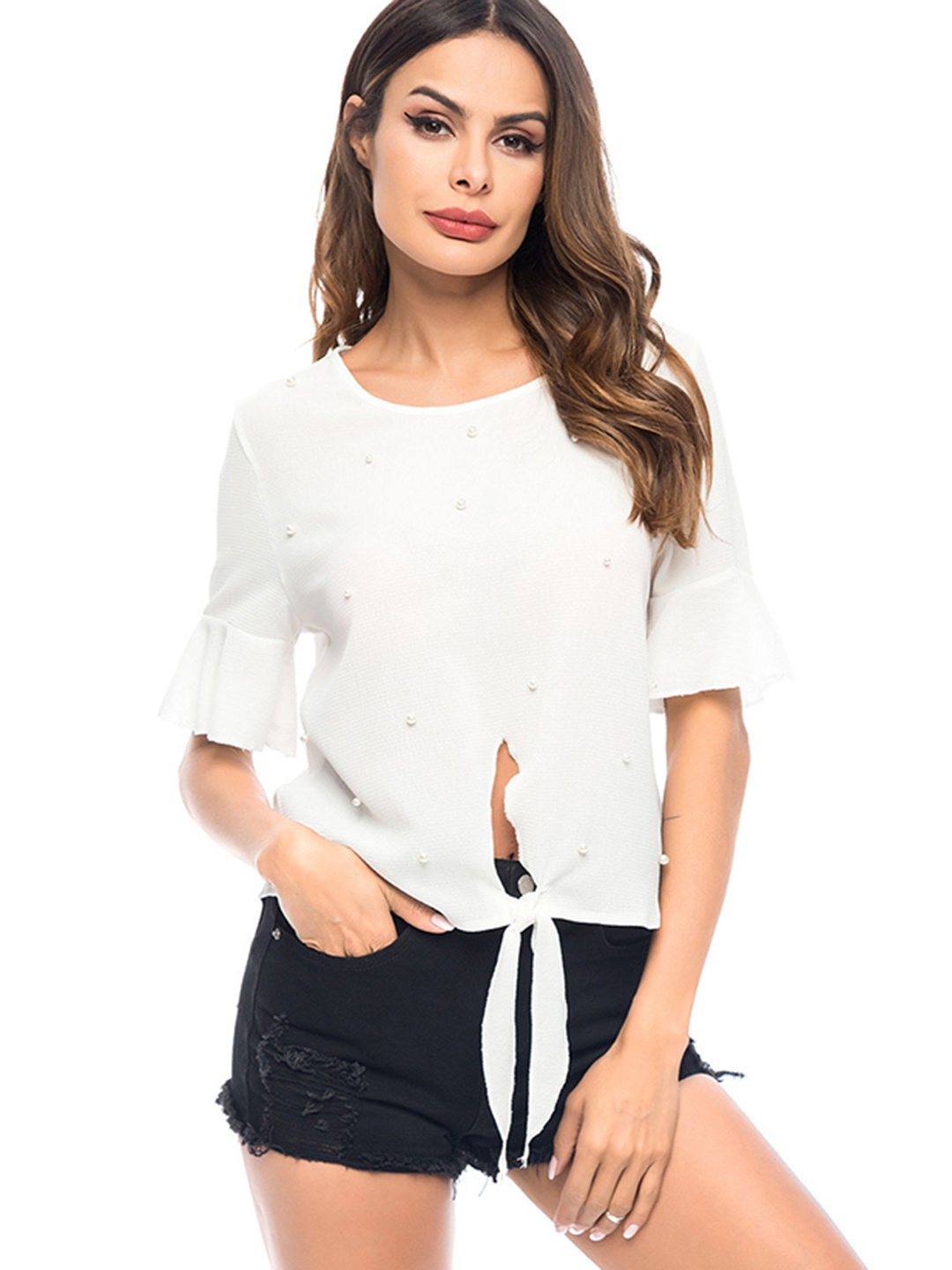 

URBANIC White Beaded Pullover Top with Tie-Ups