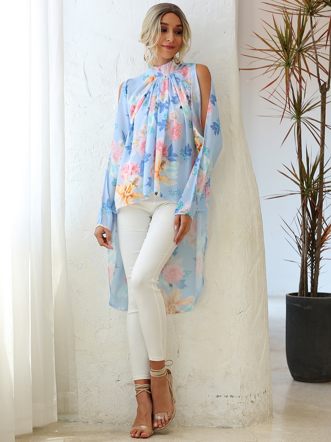 

URBANIC Blue & Pink Floral Print High-Low Top