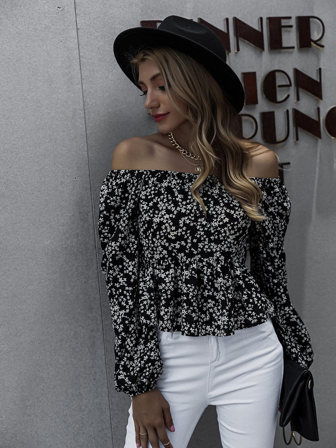 

URBANIC Black & White Ditsy Floral Off-Shoulder Peplum Top