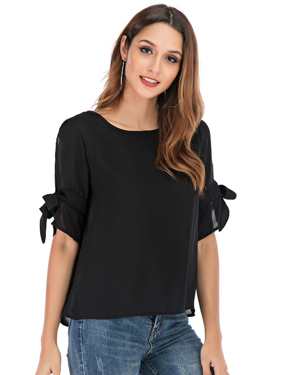 

URBANIC Women Black Solid Top with Tie-Up Detail