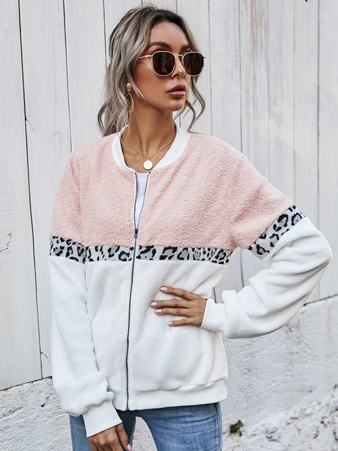 

URBANIC Women Pink & White Colourblocked Bomber Jacket
