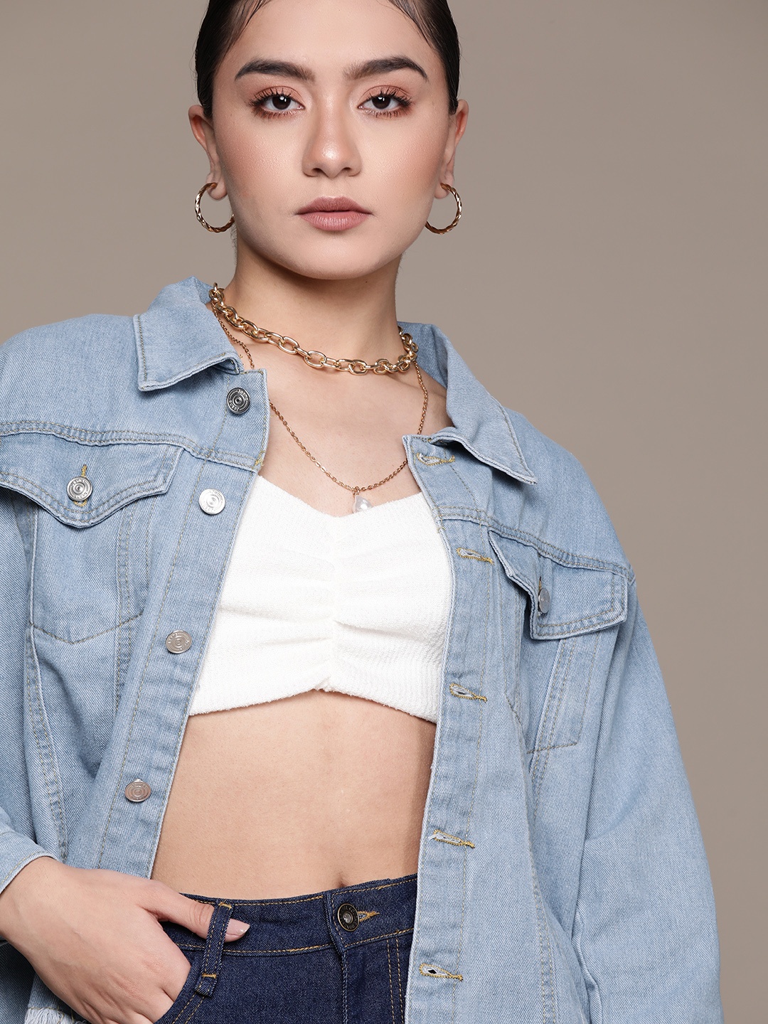 

URBANIC Women Blue Pure Cotton Denim Jacket