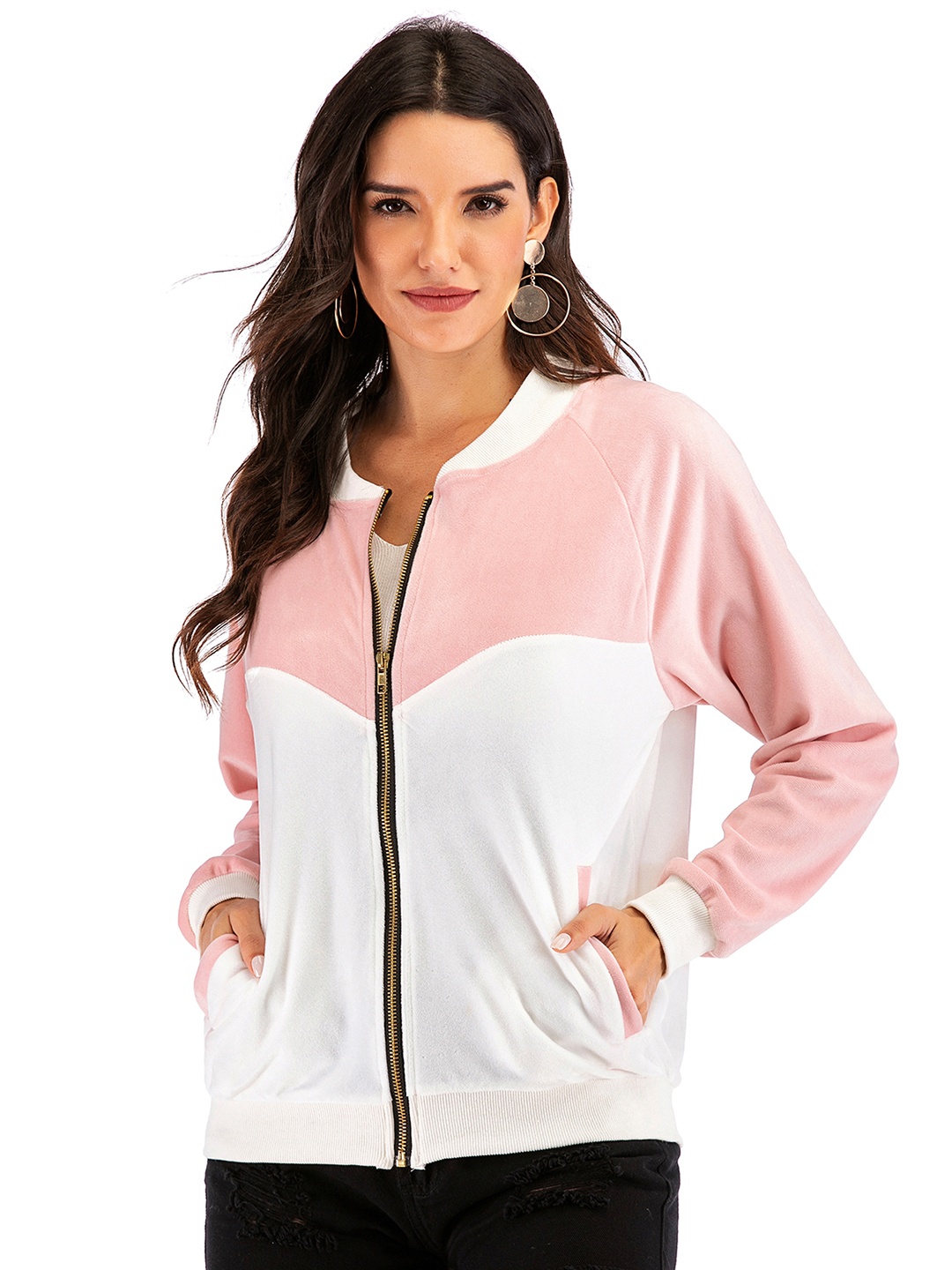 

URBANIC Women Pink & White Colourblocked Bomber Jacket