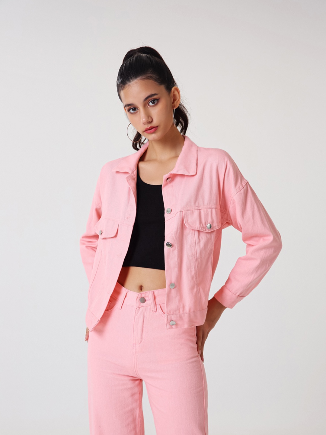 

URBANIC Women Pink Cotton Solid Trucker Denim Jacket with Embroidered Detail