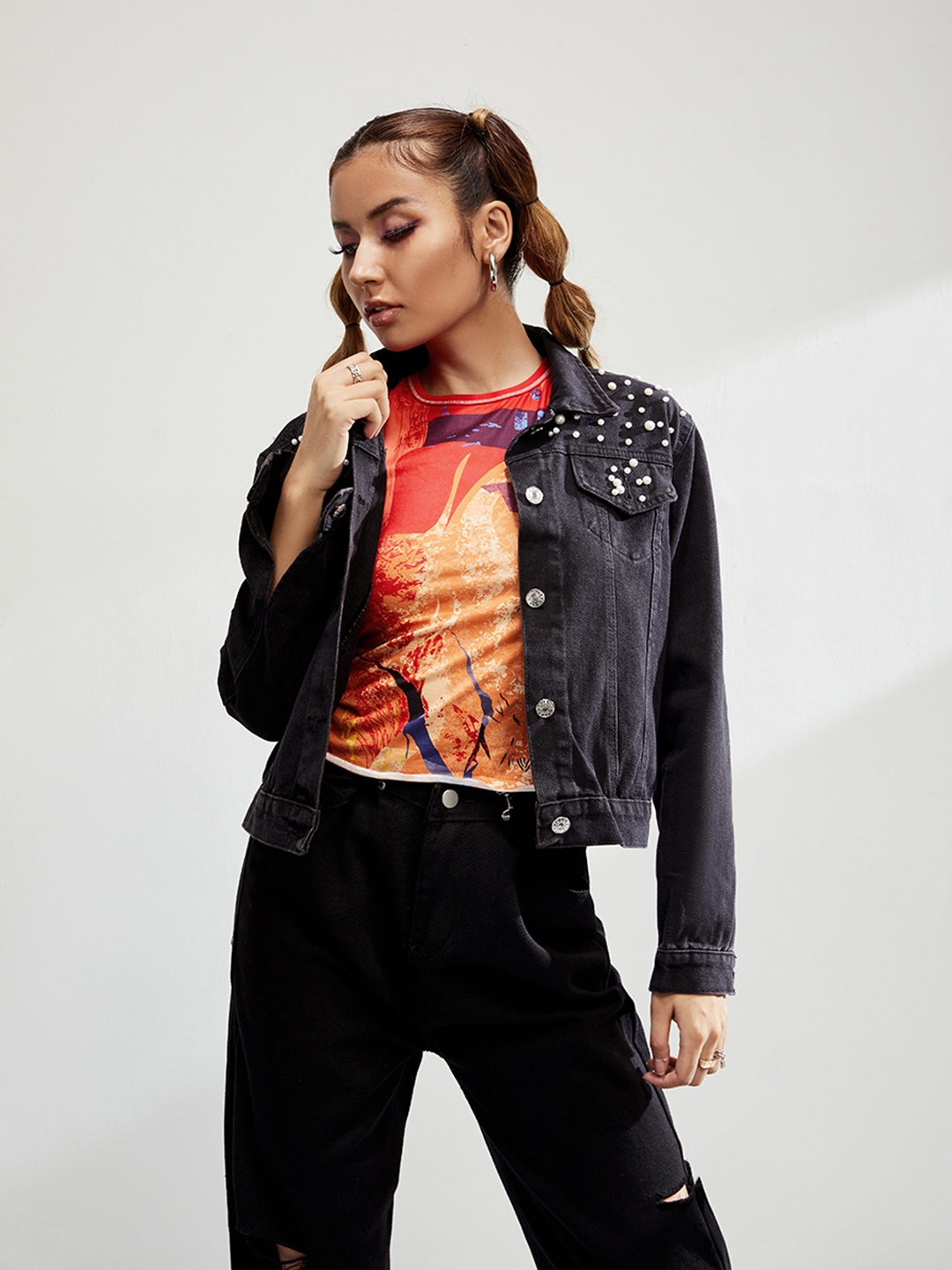 

URBANIC Women Charcoal Grey Cotton Beaded Denim Jacket