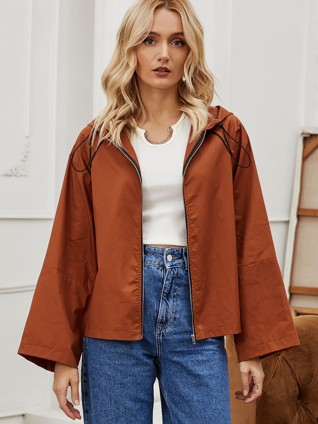 

URBANIC Women Brown Solid Windcheater Hooded Tailored Jacket