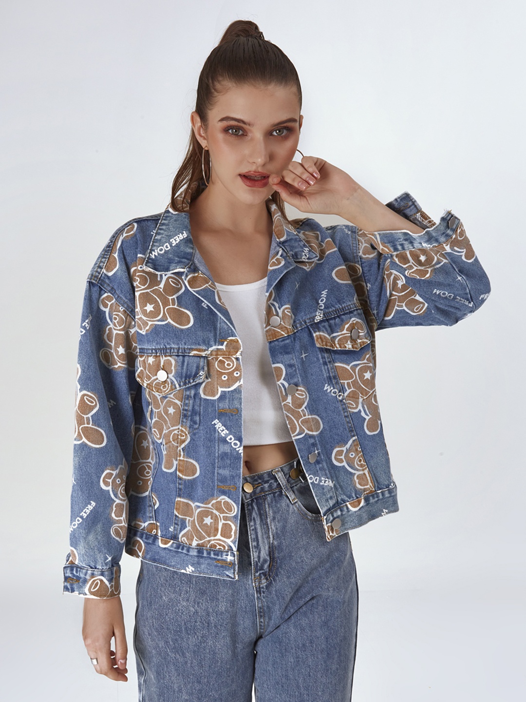 

URBANIC Women Navy Blue & Brown Cotton Conversational Print Denim Jacket