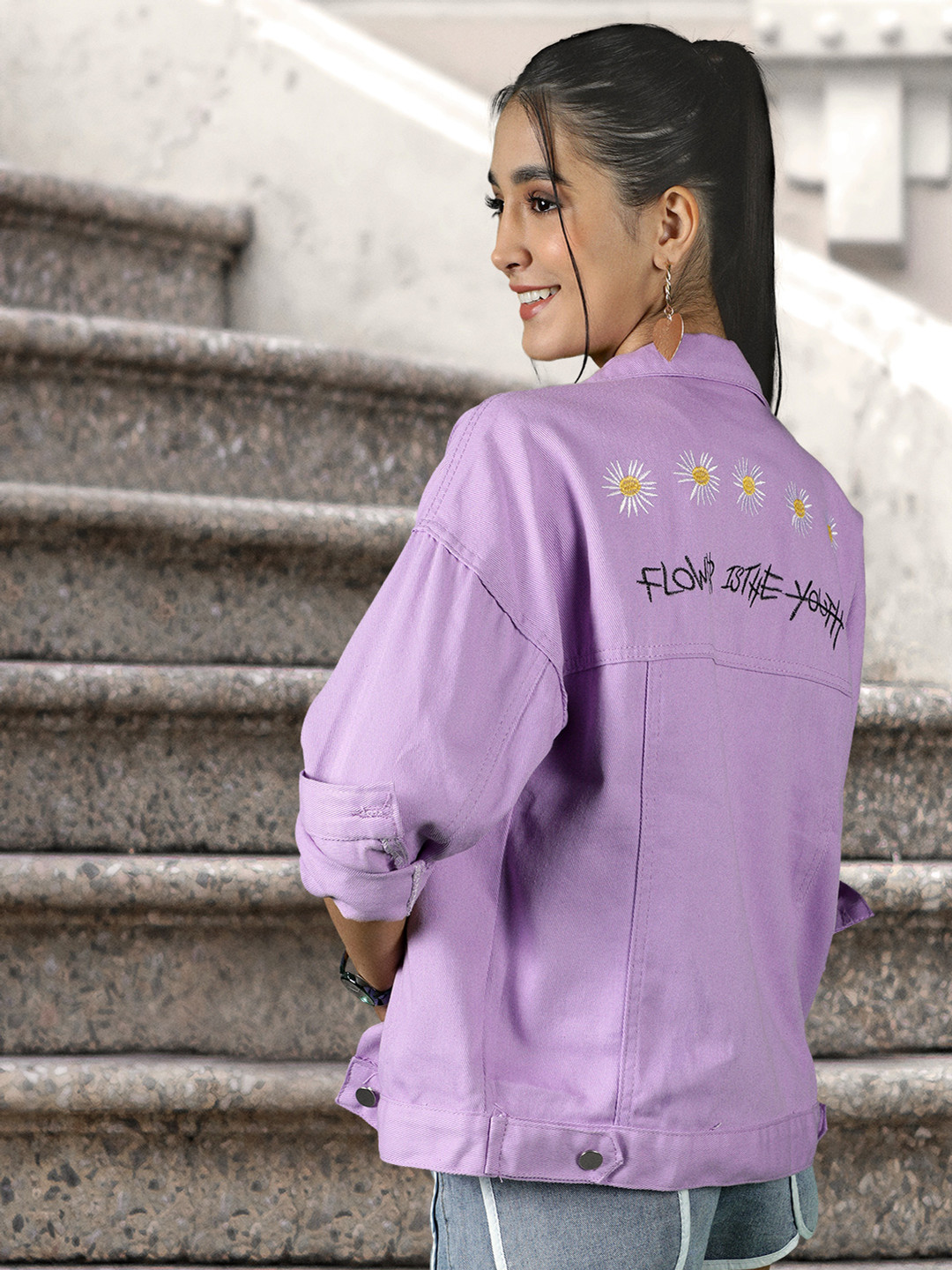 

URBANIC Purple & White Floral Embroidered Detail Relaxed Fit Cotton Denim Trucker Jacket