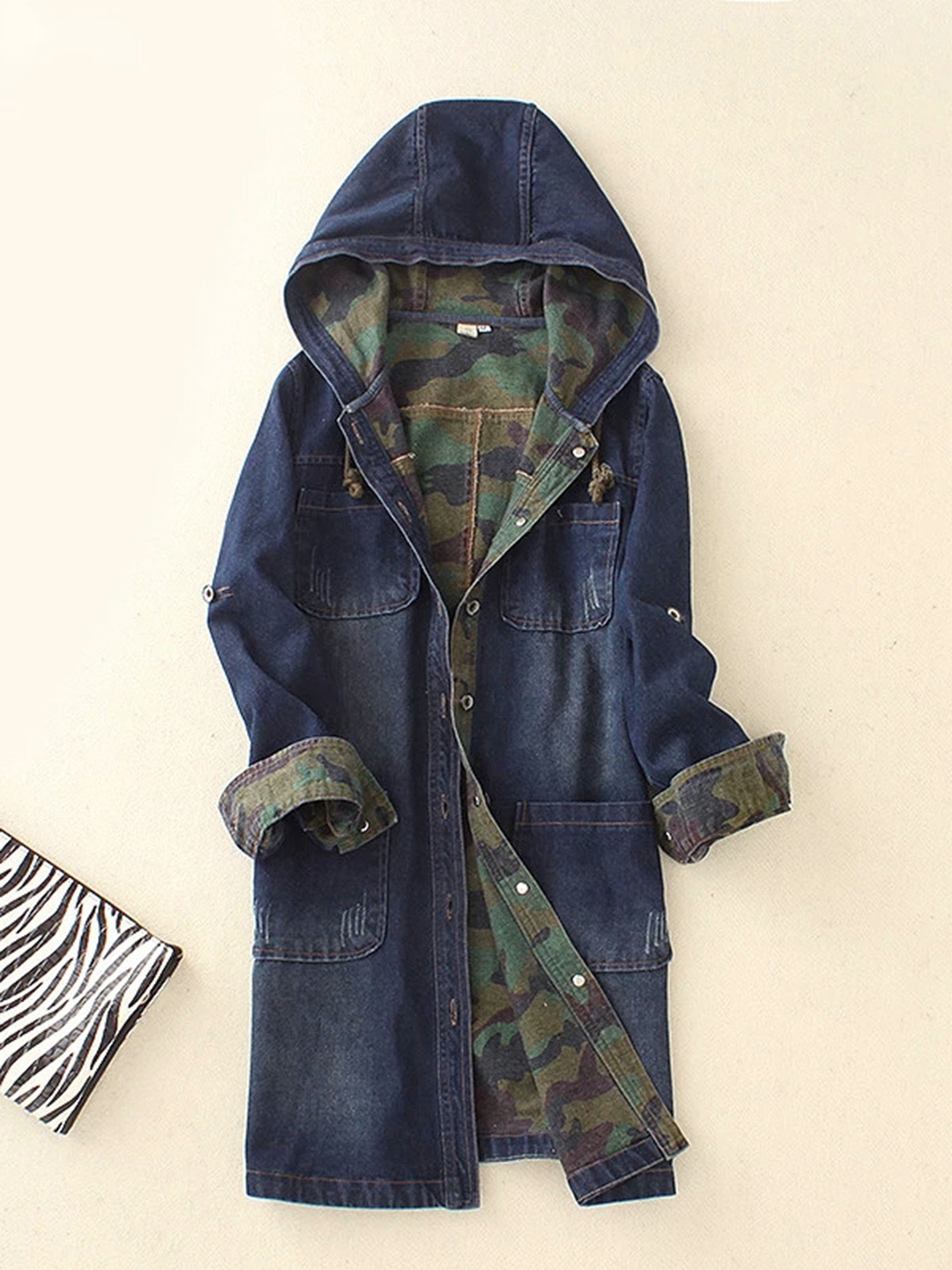 

URBANIC Women Navy Blue Washed Longline Hooded Denim Jacket