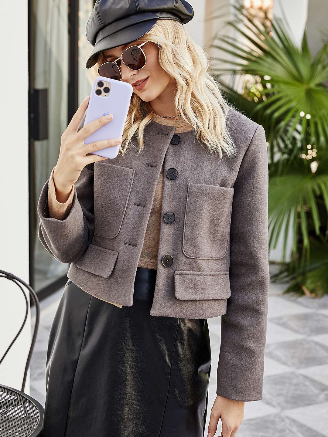 

URBANIC Women Grey Solid Tailored Jacket with Oversized Pockets & Flap Applique
