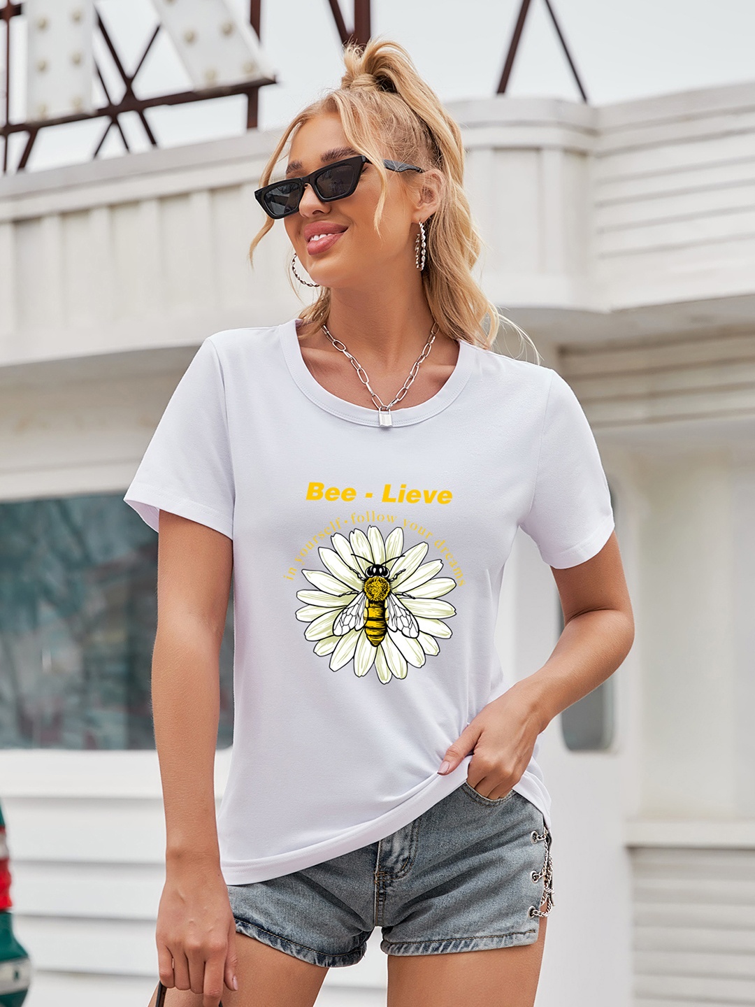 

URBANIC Women White & Yellow Graphic Printed T-shirt