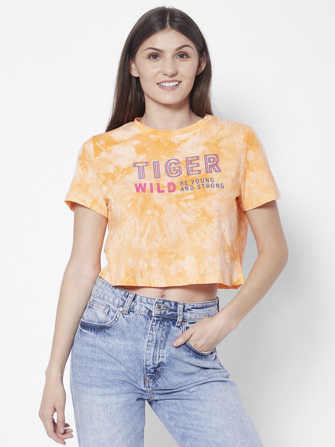 

URBANIC Women Orange Cotton Dyed Effect Cropped T-shirt