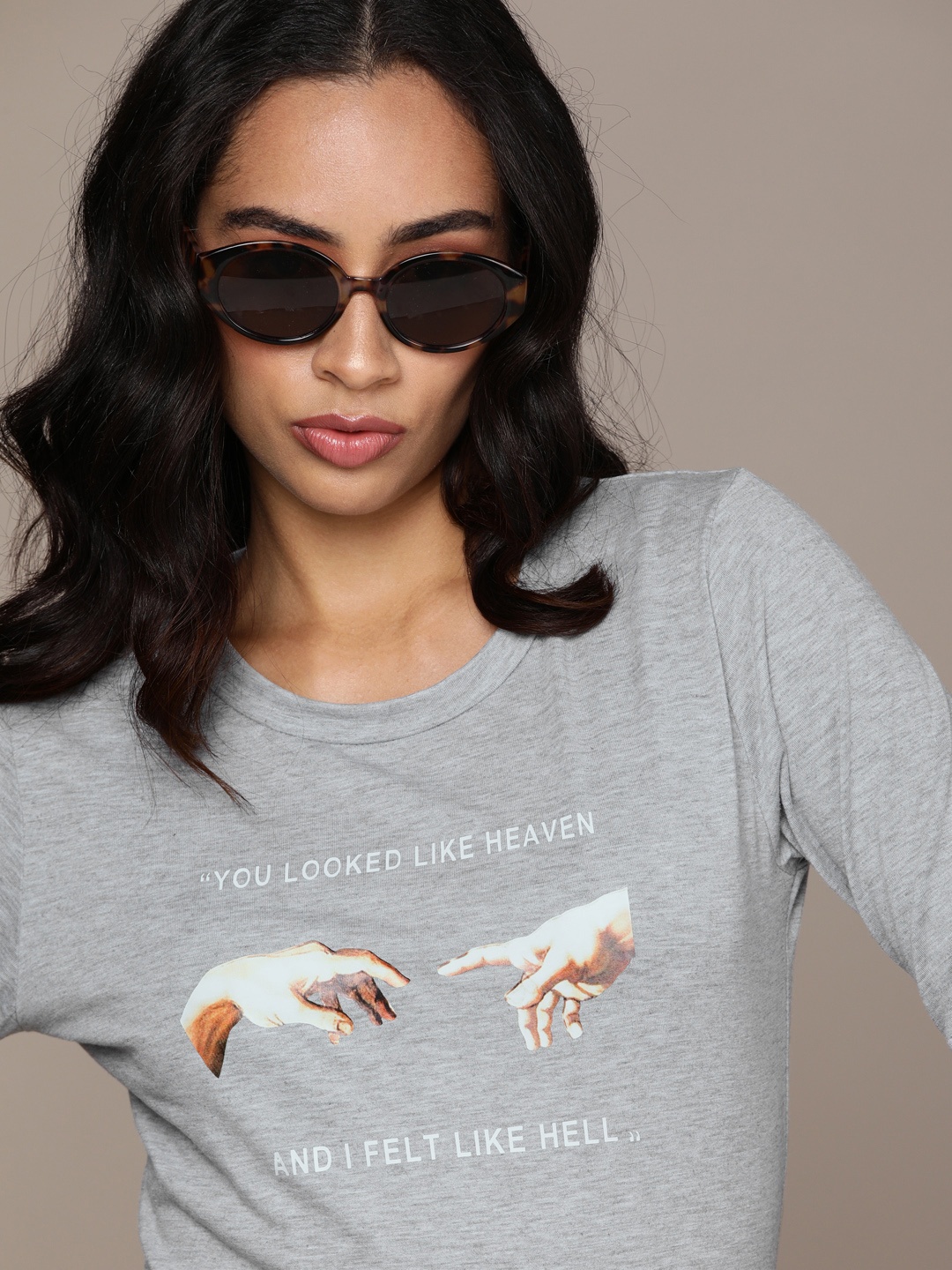 

URBANIC Women Grey & White Printed T-shirt