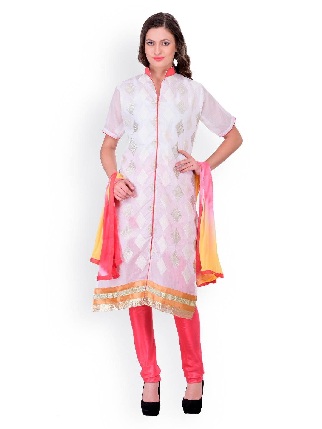 

Blissta White & Pink Embroidered Chanderi & Santoon Unstitched Dress Material