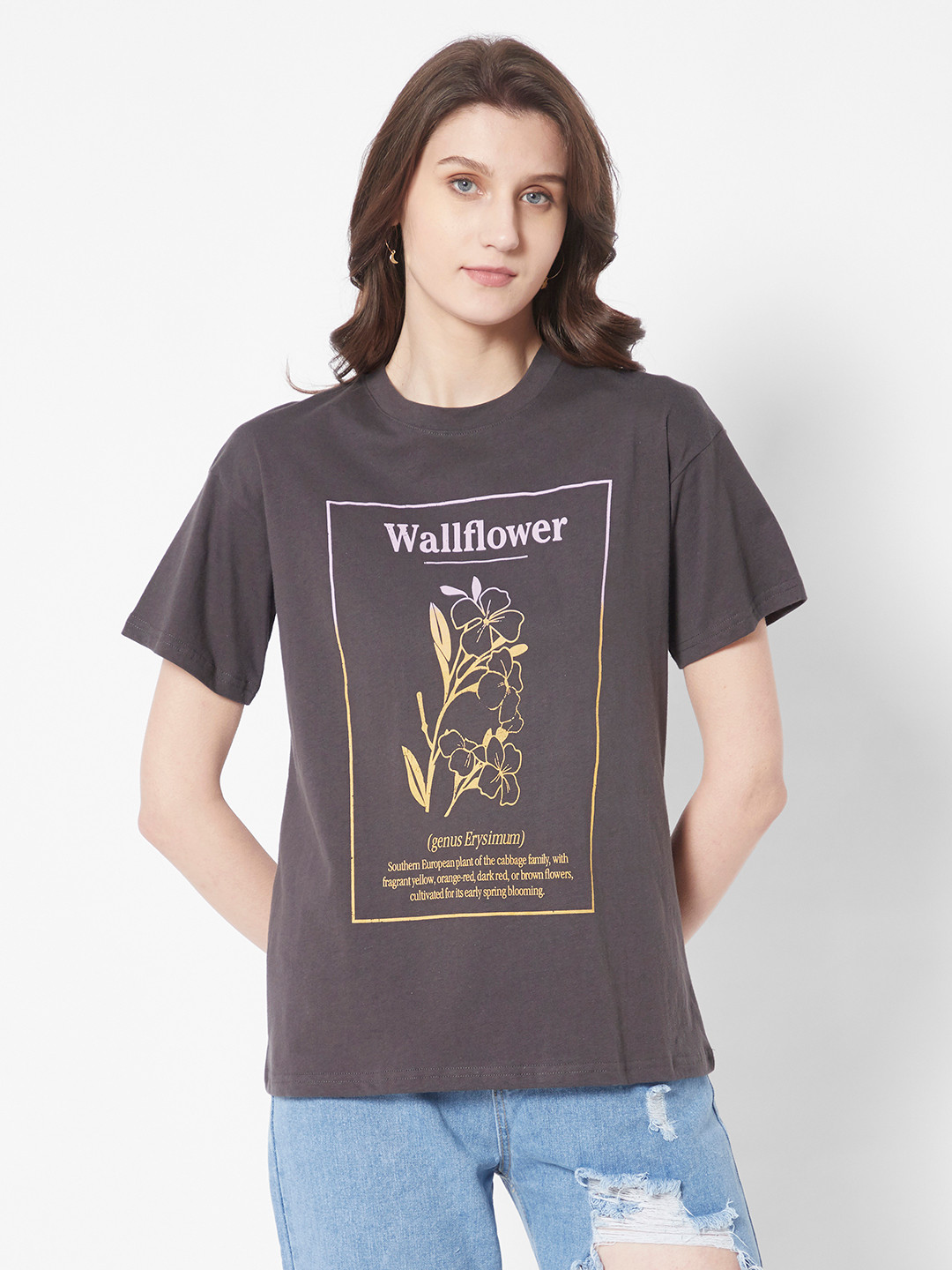 

URBANIC Women Charcoal Grey & Yellow Graphic Printed Drop-Shoulder Sleeves T-shirt