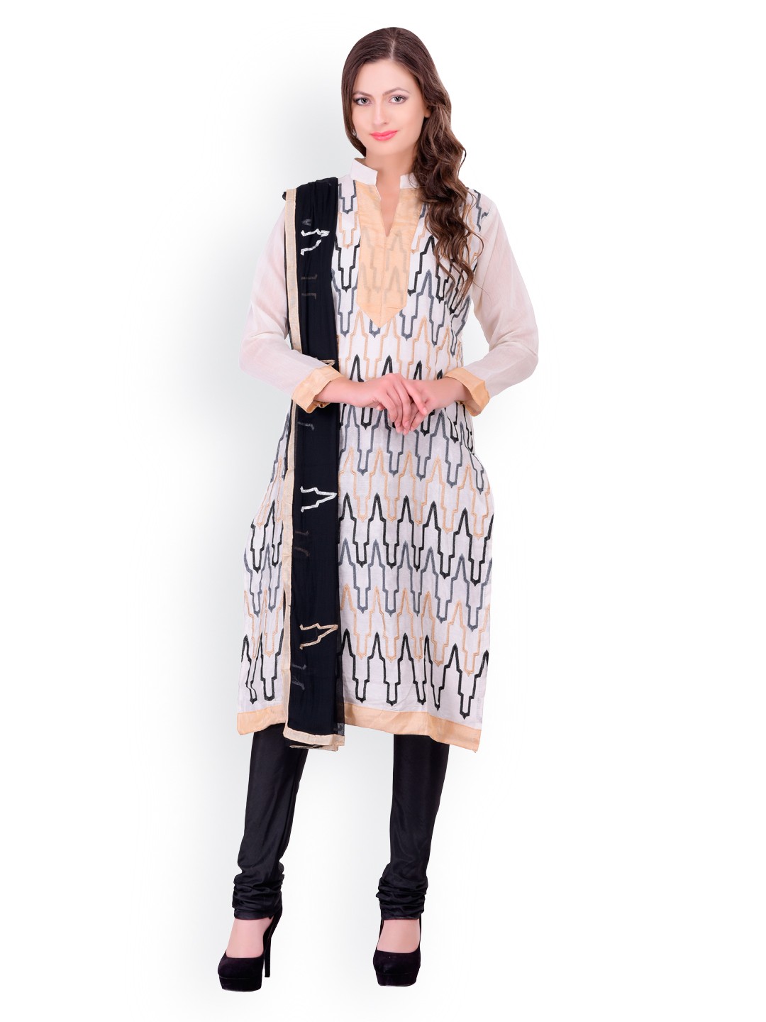 

Blissta White & Black Embroidered Chanderi & Santoon Unstitched Dress Material