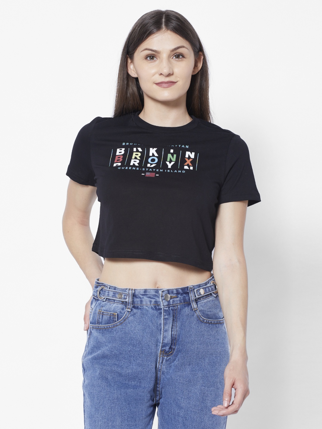 

URBANIC Women Black & White Typography Printed Crop T-shirt