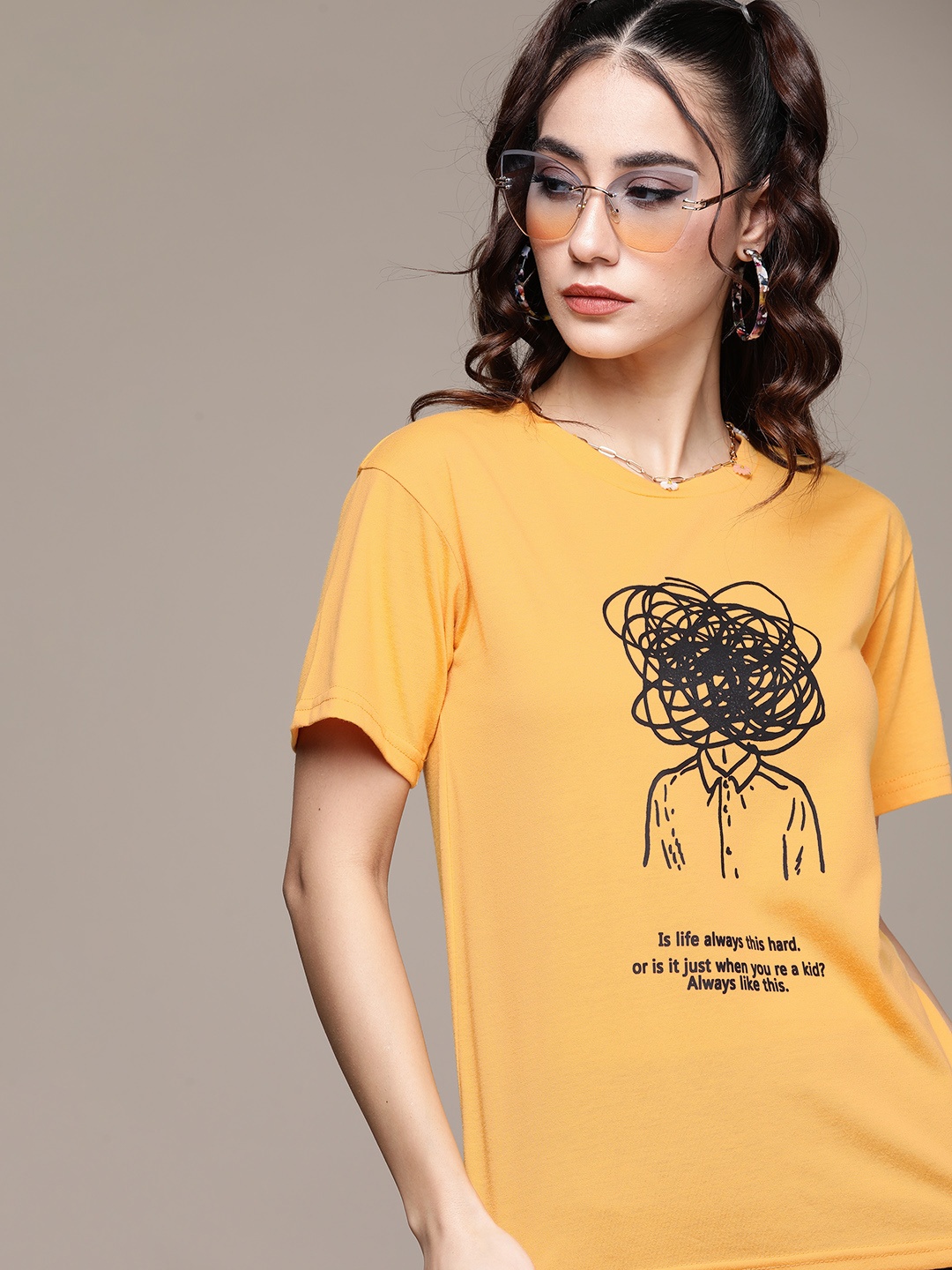 

URBANIC Women Yellow & Black Printed T-shirt