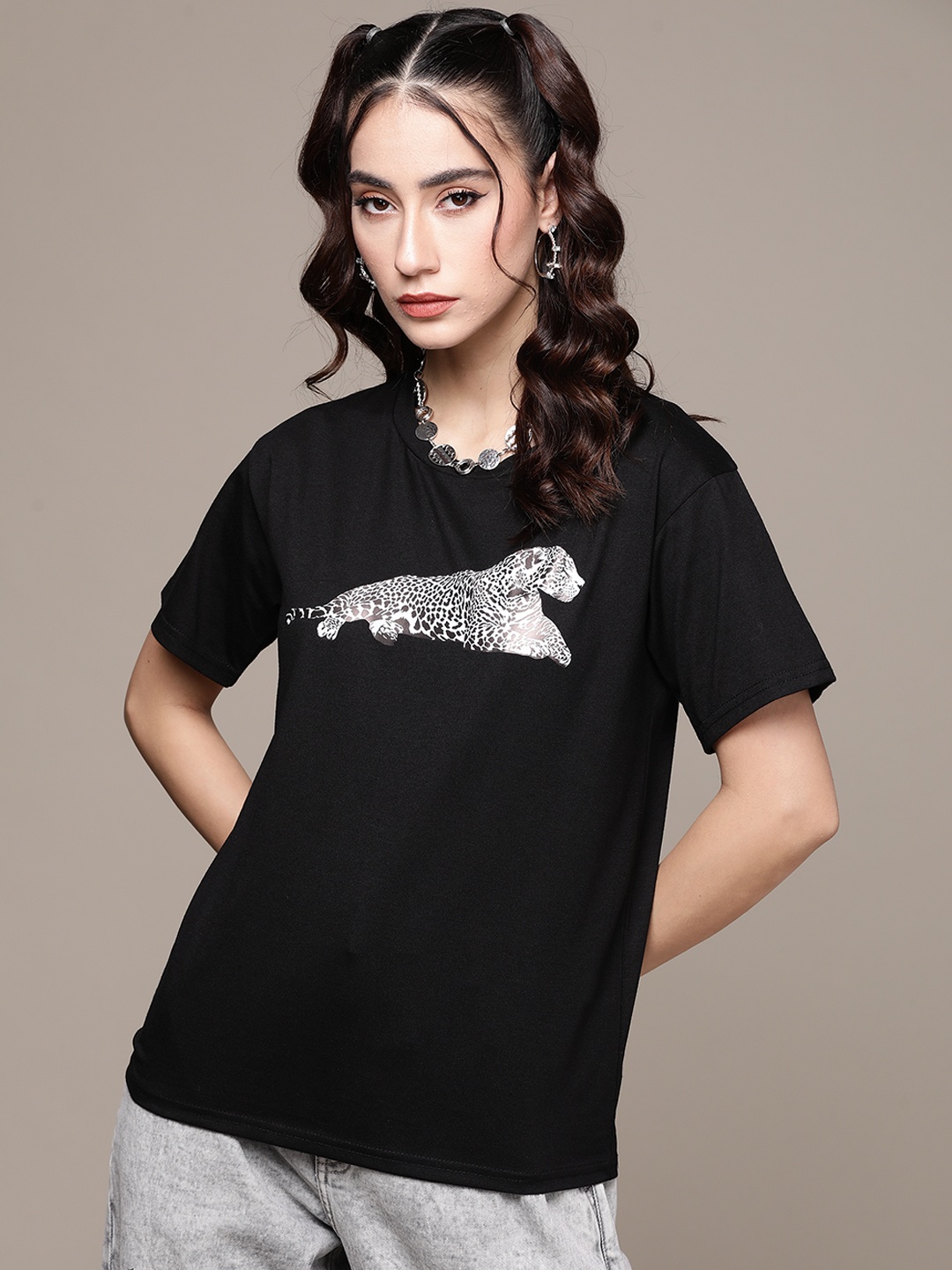 

URBANIC Women Black & White Printed T-shirt