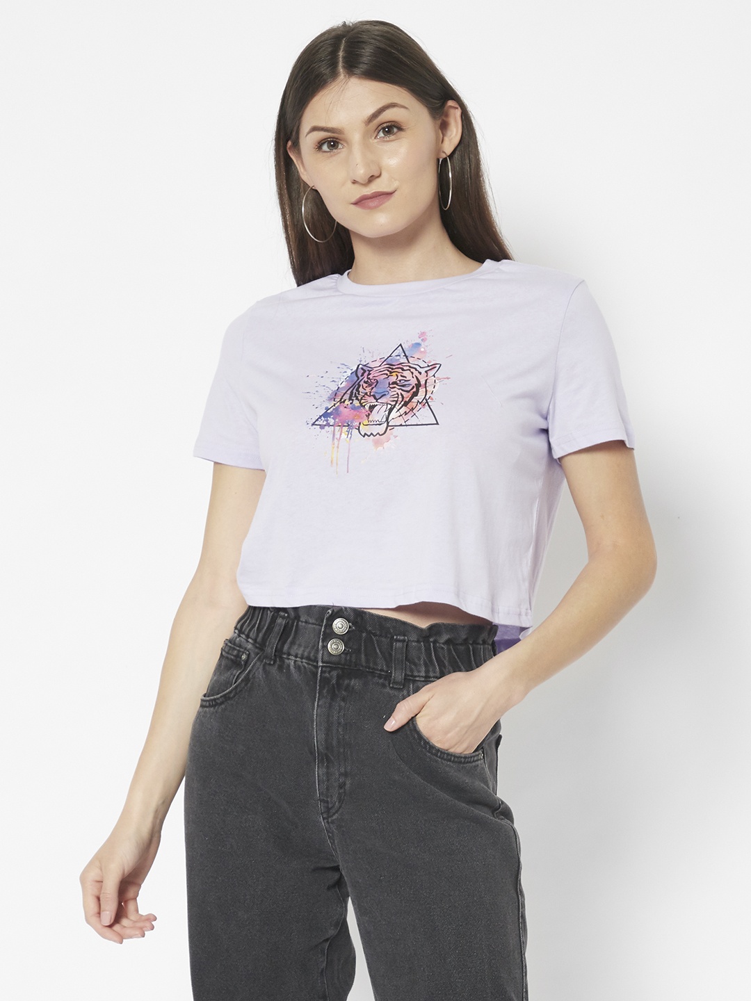 

URBANIC Women Lavender & Black Printed Crop T-shirt