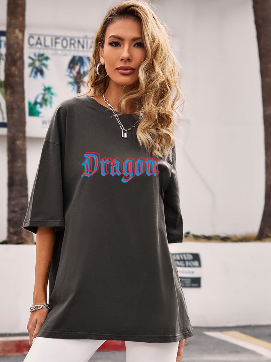 

URBANIC Women Charcoal Grey & Blue Cotton Typography Print Drop-Shoulder Sleeves T-shirt