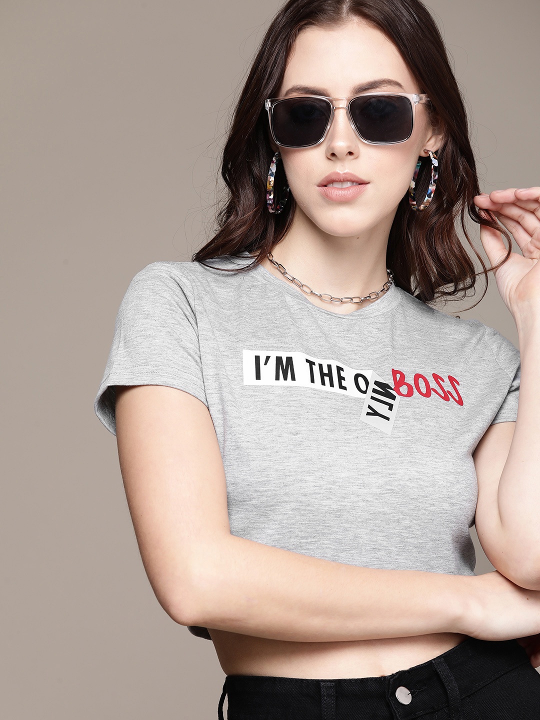 

URBANIC Women Grey Melange Typography Printed Crop T-shirt