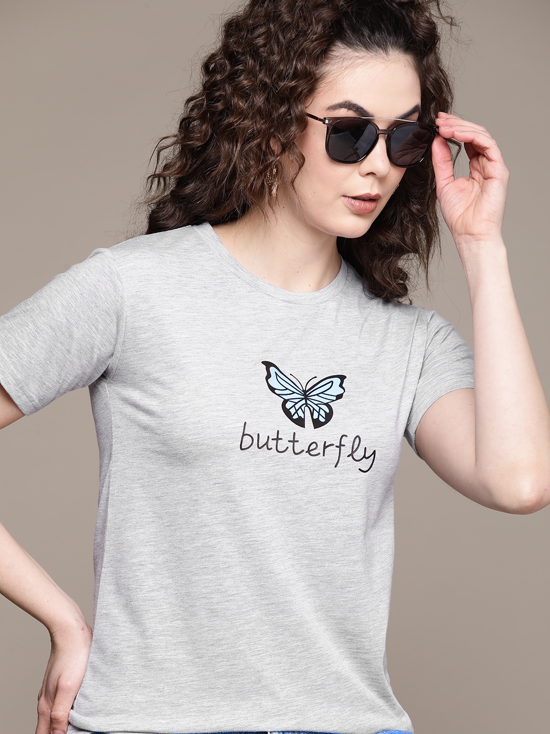 

URBANIC Women Grey Melange Typography Printed T-shirt