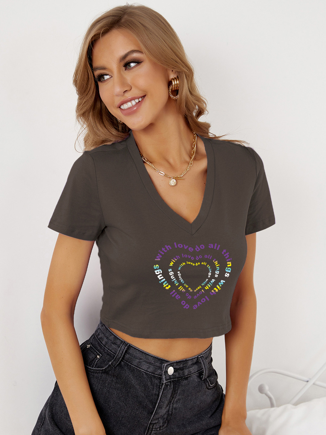 

URBANIC Women Charcoal Grey & Purple Typography Printed Cotton Crop T-shirt